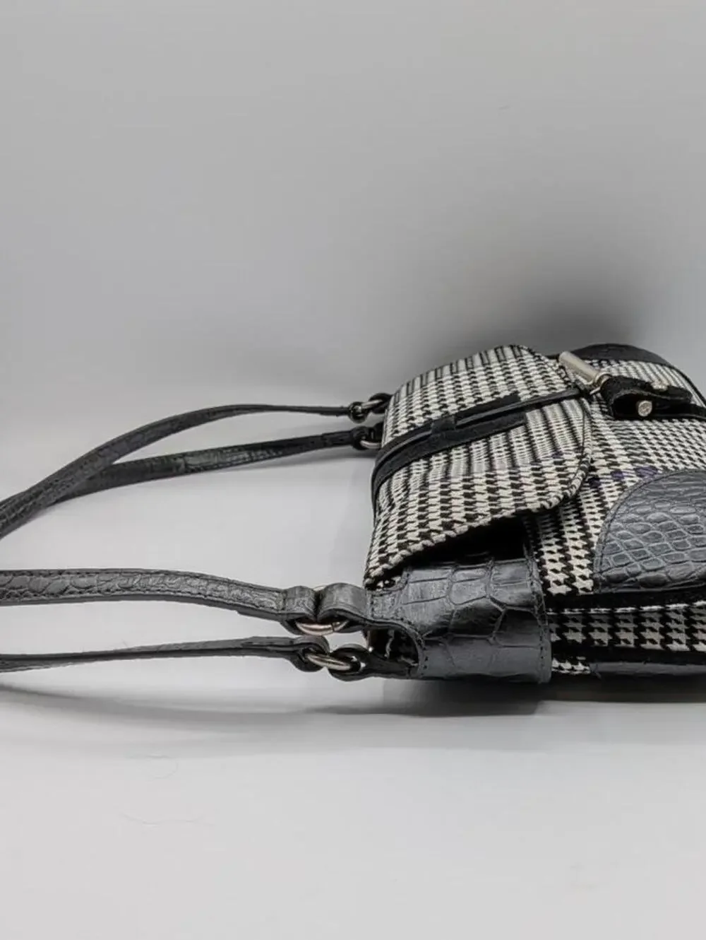 Lauren Ralph Lauren $298 Y2K Black White Purple Houndstooth Leather Accent Bag - Picture 8 of 10